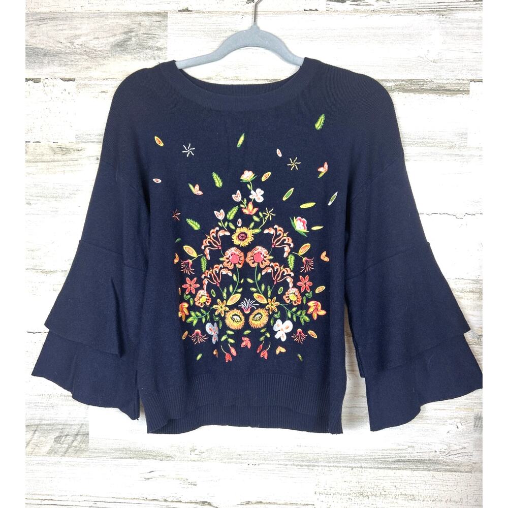 Blu Pepper Women’s M Navy Blue Embroidered Floral Boho Bell Sleeve Blouse Top